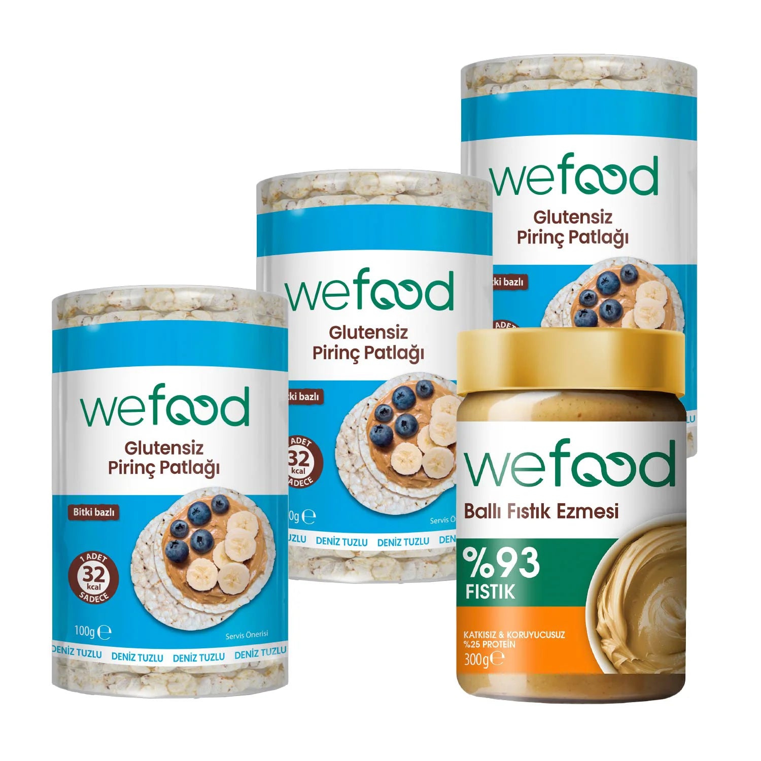 Wefood Şekersiz Ham Ballı Fıstık Ezmesi 300 gr + Wefood Glutensiz Pirinç Patlağı 100 gr 3'lü